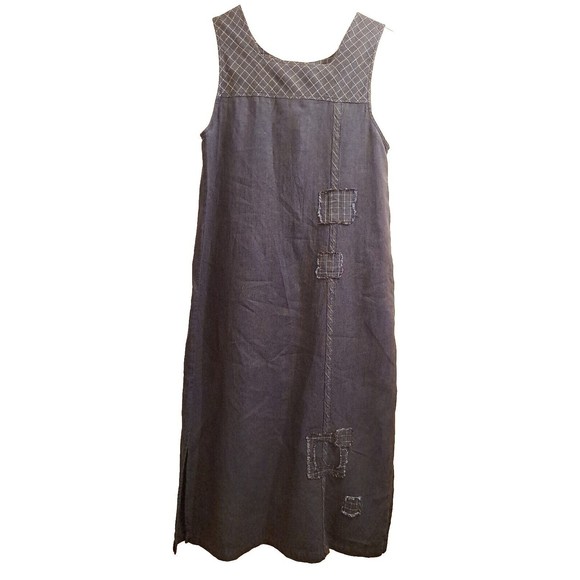 Vintage River Chase Women's L Linen Dress Blue Sleeveless Cottage Core Patchwork - Picture 5 of 10